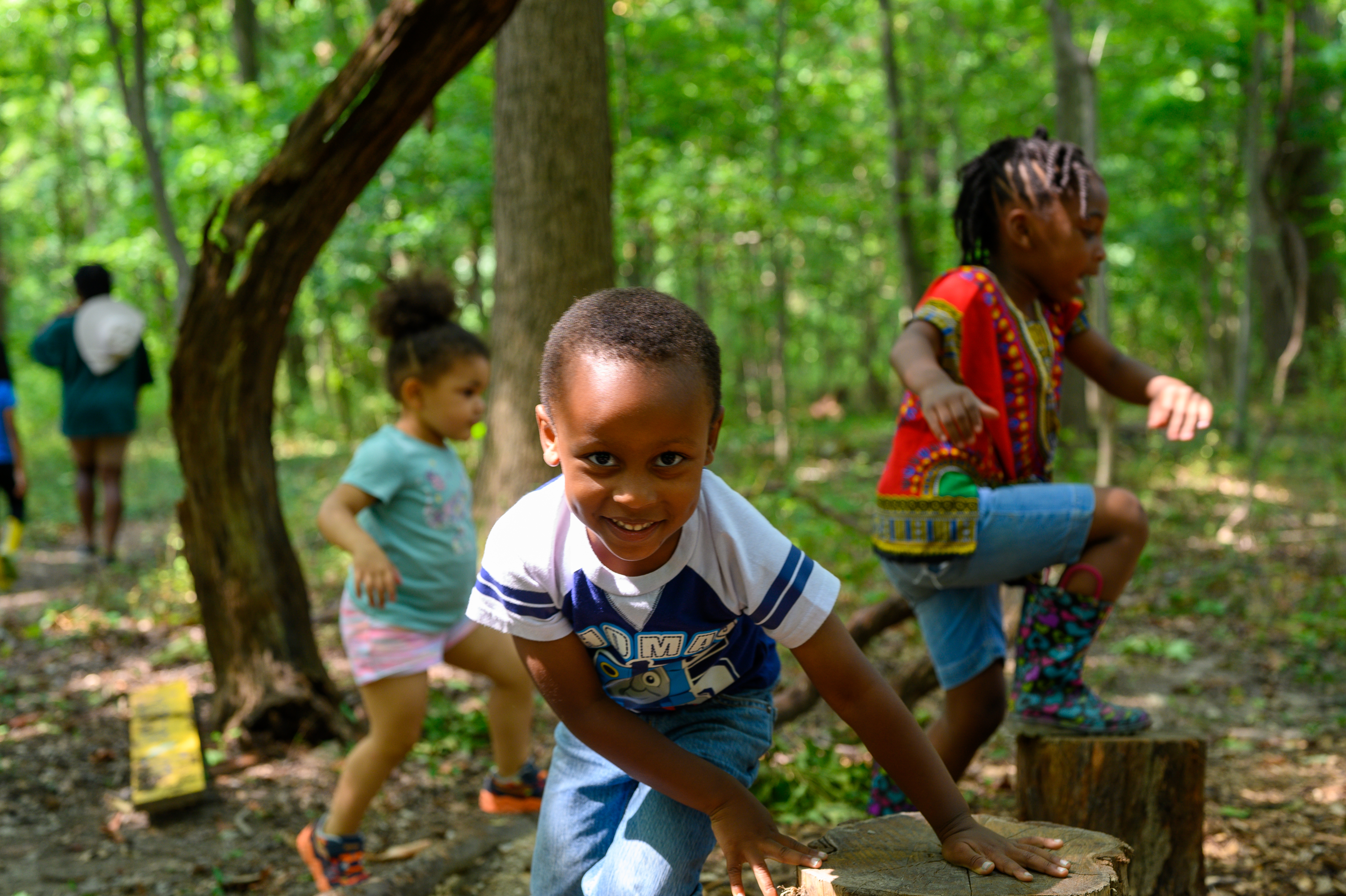 A little boy smiles while leaning on a tree stump in the woods